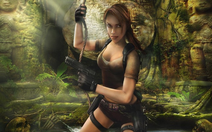 Lara Croft from Tomb Raider in a jungle temple