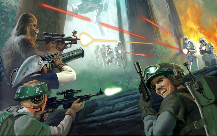 Star Wars Battle Scene with Rebels and Stormtroopers