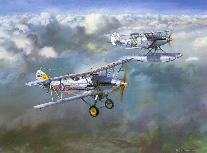 Two biplanes flying through clouds
