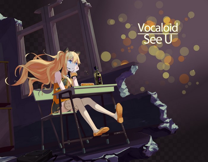 Vocaloid See U sitting at a desk in ruins