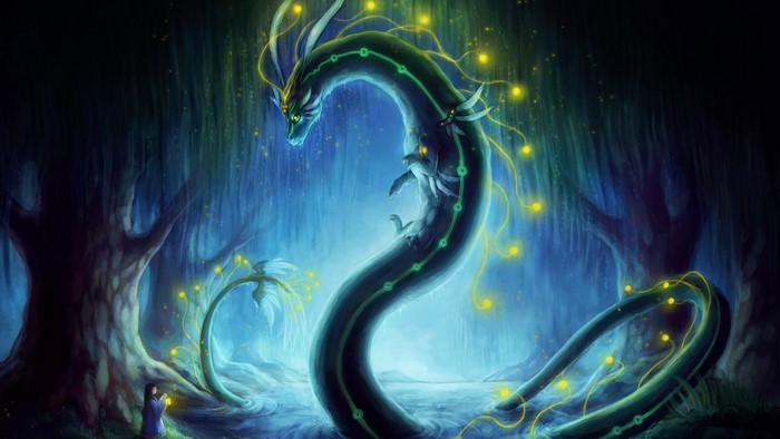 Dragon in a magical forest with a girl