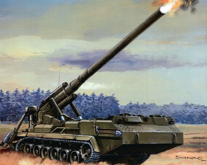 Self-propelled gun firing a projectile