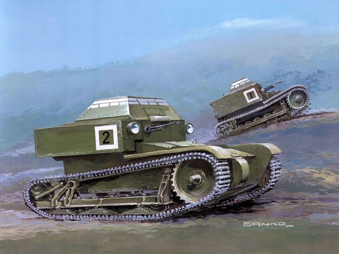 Two green tanks on a battlefield