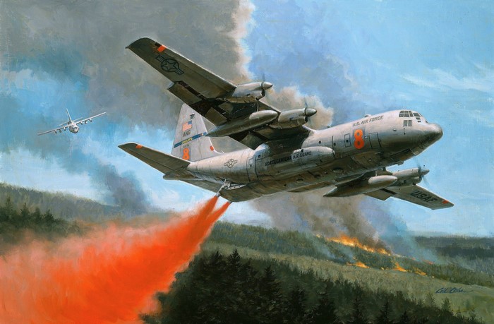 Painting of Air Tanker Aircraft Fighting Wildfire