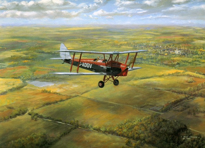 Biplane flying over rural landscape
