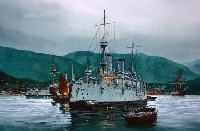 Ships in a Harbor with Mountains