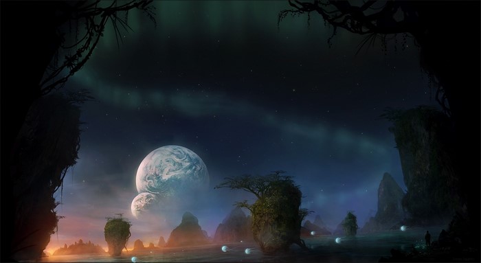 Alien landscape with planets and aurora