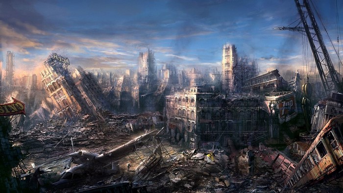 Apocalypse city ruins with airplane and crane