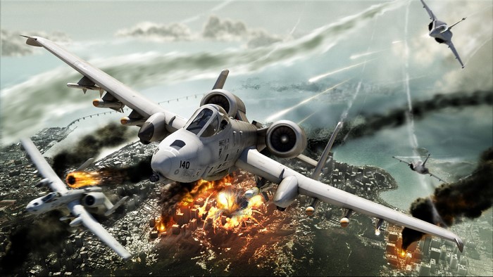 A-10 Thunderbolt II aircraft in combat over a city