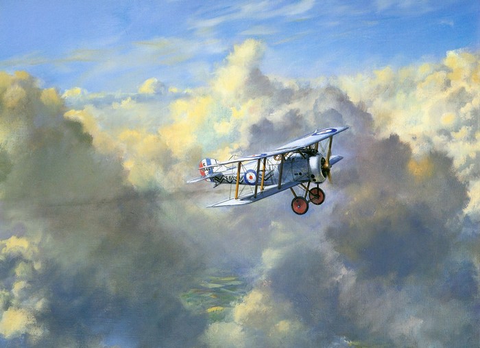 Biplane flying through clouds over a landscape