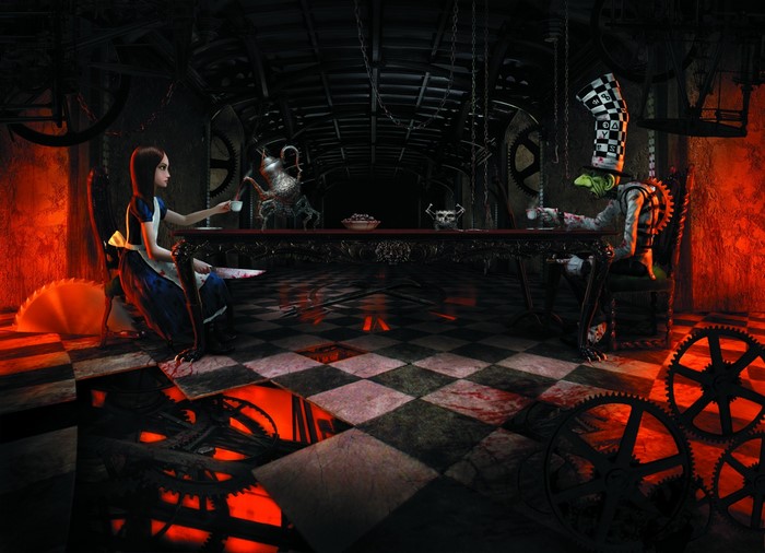 Alice from American McGee's Alice in a dark, mechanical room