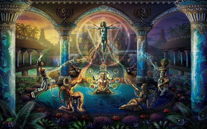 Vitruvian Man and Elemental Beings in Mystical Courtyard