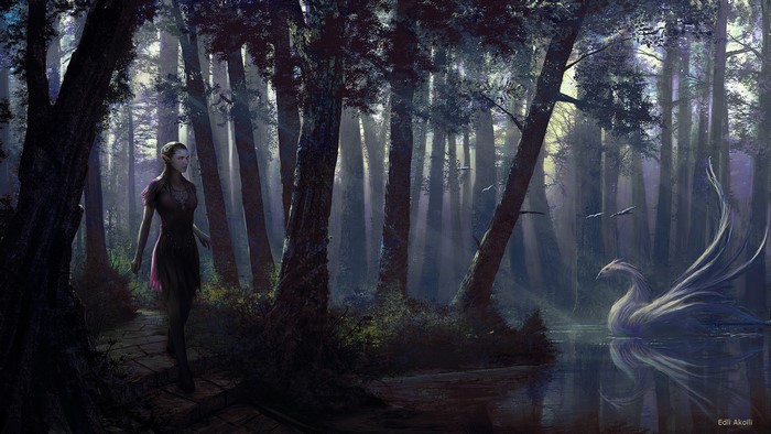 Elf walking by a lake with a swan creature