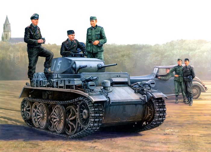 German Soldiers with Panzer II Tank and Car