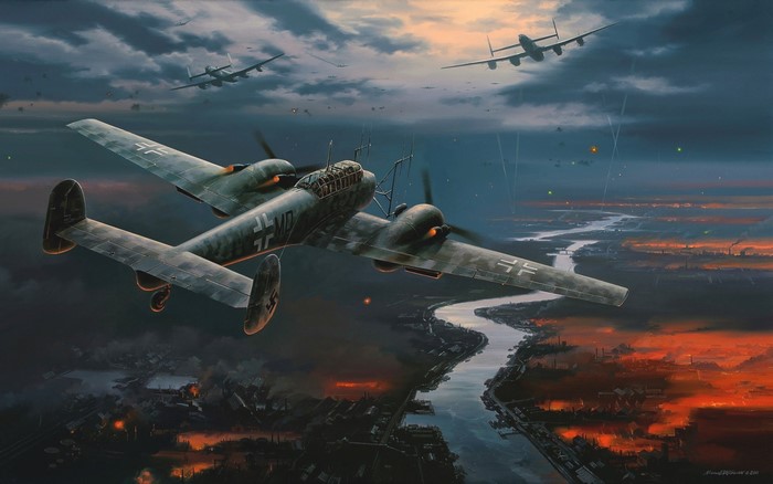 German Bombers Over a Burning City
