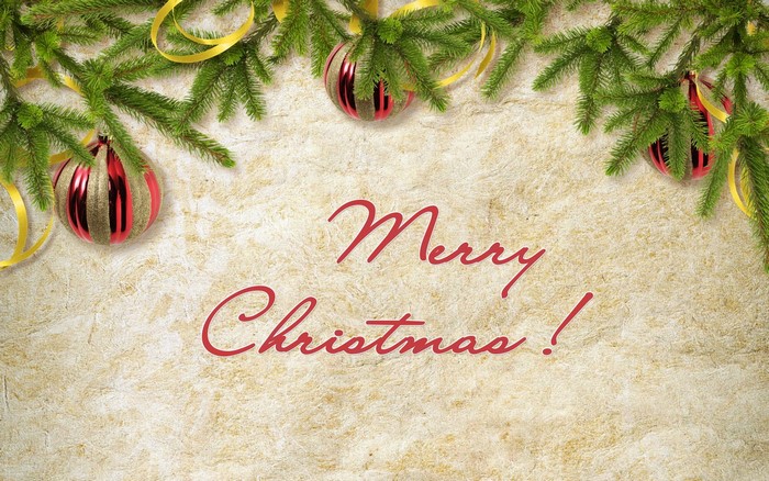 Merry Christmas greeting with ornaments and fir branches