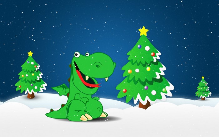Cartoon Dragon and Christmas Trees in Snow