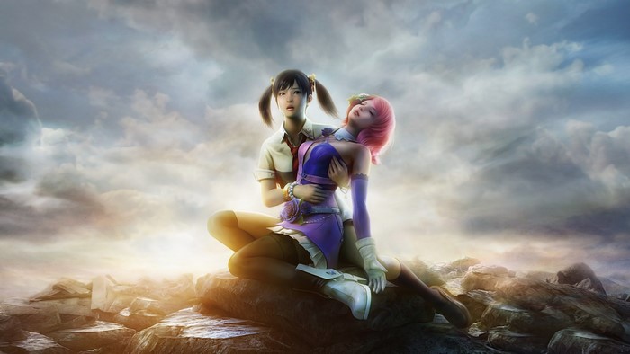 Two girls in a rocky landscape under a cloudy sky