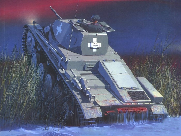 Painting of a German tank in water at dusk