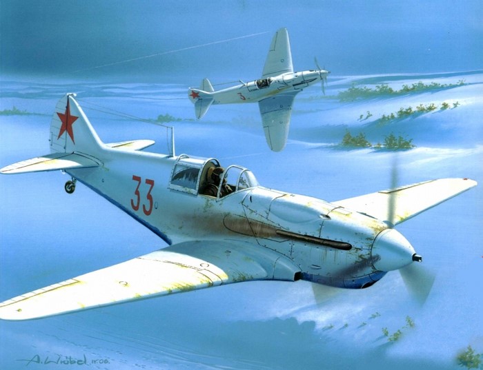 Two Soviet fighter planes flying over a snowy landscape