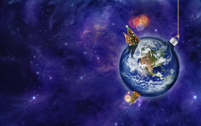 Earth as a Christmas ornament in space with fireworks