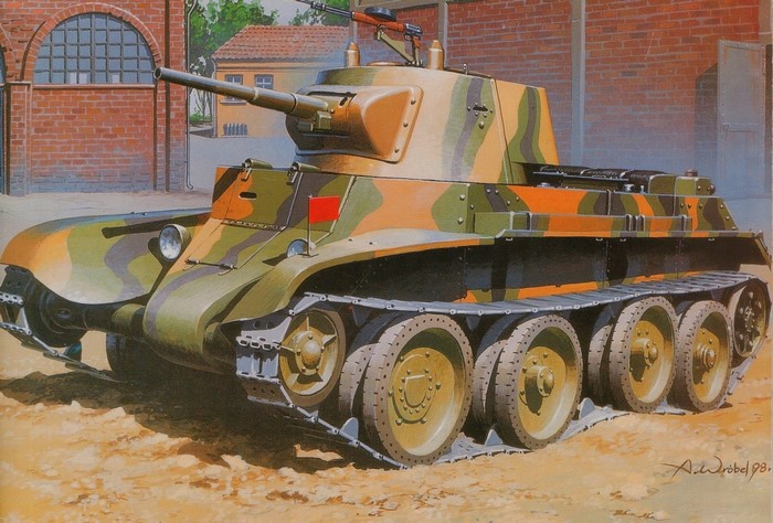 Painting of a camouflaged Soviet BT-7 tank