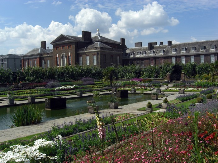Kensington Palace gardens with formal pond and flower beds