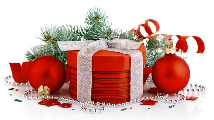 Christmas Gift with Ornaments and Pine Branches
