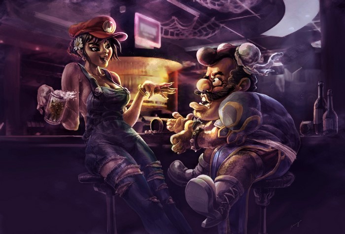 Female Mario and Zangief from Street Fighter in a bar