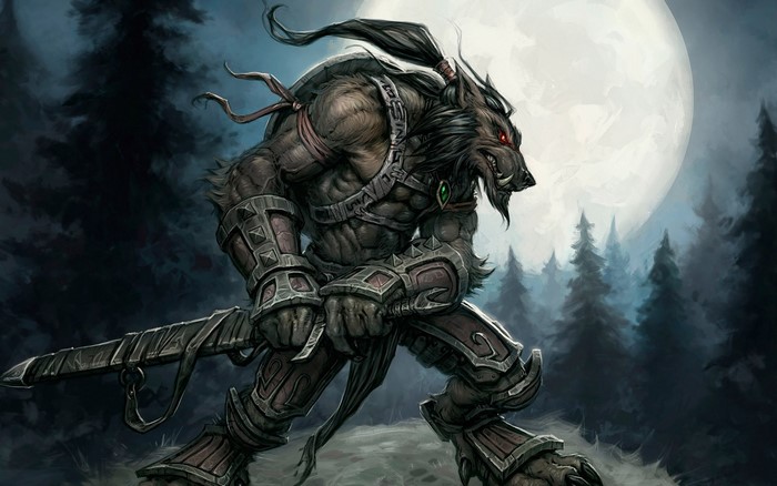 Werewolf Warrior with Sword under Full Moon in Forest