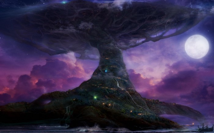 Fantasy world with a giant tree and moon