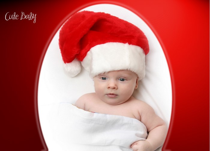 Baby in Santa hat with text 'Cute Baby'