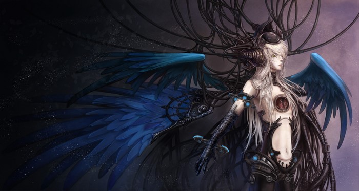Cyborg angel with blue wings and mechanical parts