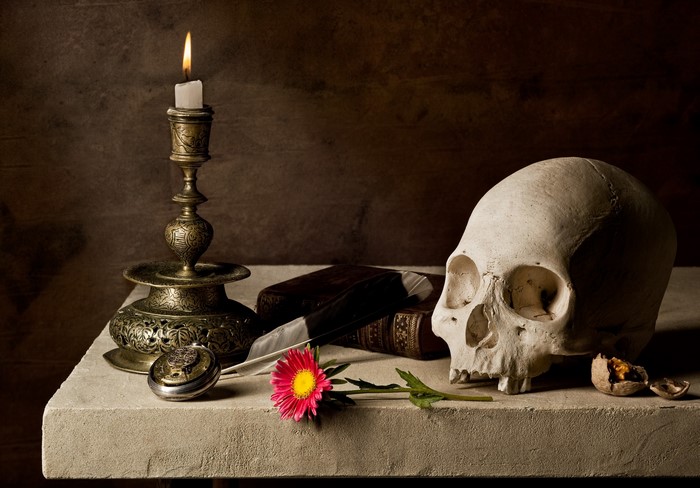 Still life with skull, candle, and flower