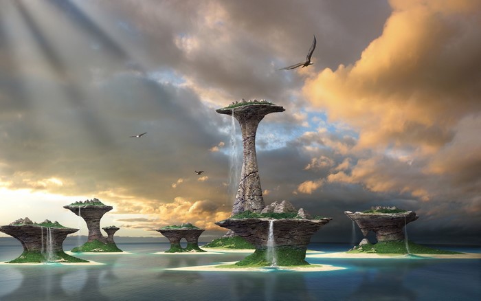 Floating islands with waterfalls and birds