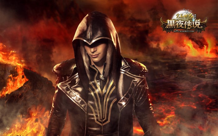 Man in hooded cloak in fiery landscape