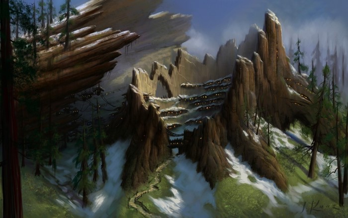 Fantasy village built into rocky mountainside