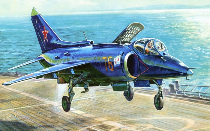 Blue Soviet Jet Fighter on Aircraft Carrier