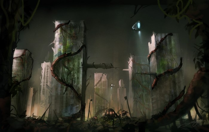 Ruined city with overgrown vines and robotic creatures