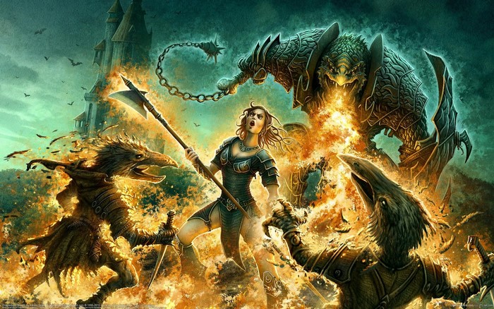Woman fighting monsters near a castle