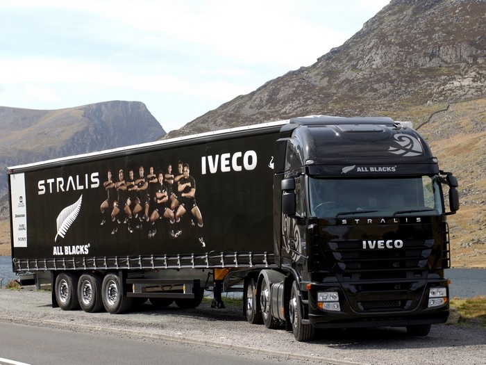 Black Iveco Stralis truck with All Blacks rugby team advertisement