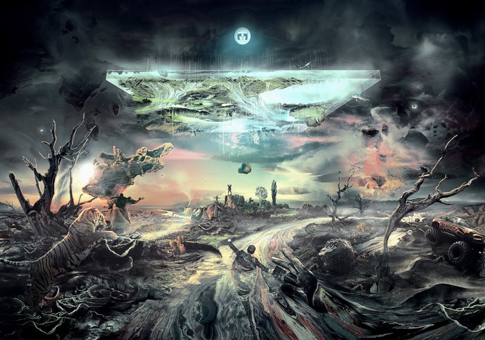 Surreal landscape with floating island and tiger