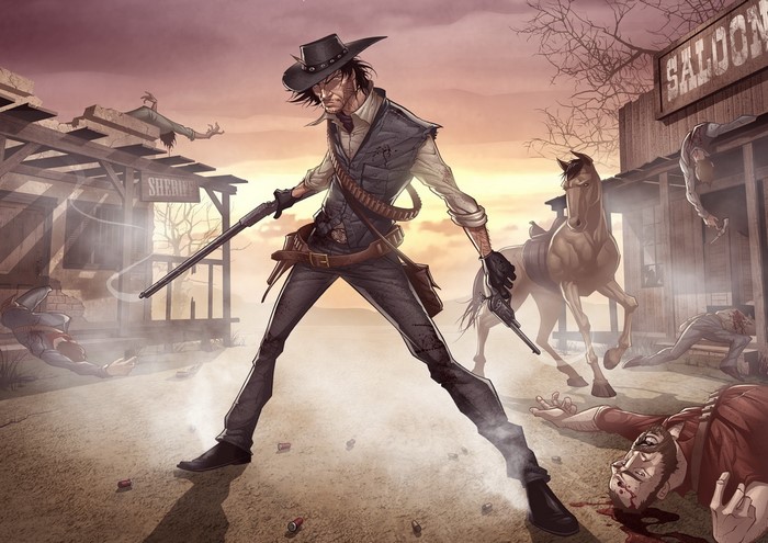 Man with guns in a Wild West town