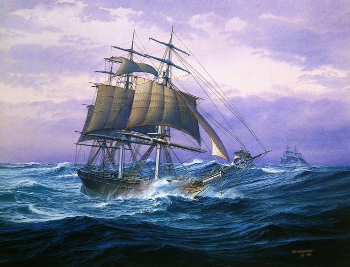 Painting of a tall ship sailing through rough seas