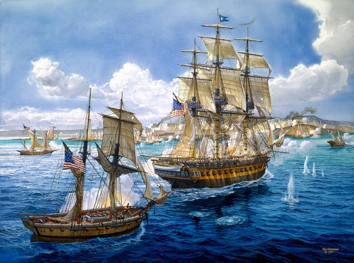 Naval Battle Painting with Sailing Ships