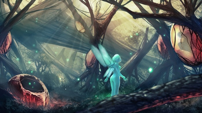 Fairy in a mystical forest with glowing orbs