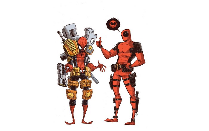 Spider-Man and Deadpool with weapons