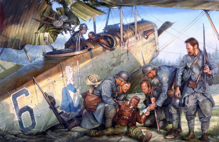Painting Art of Soldiers with Damaged Airplane