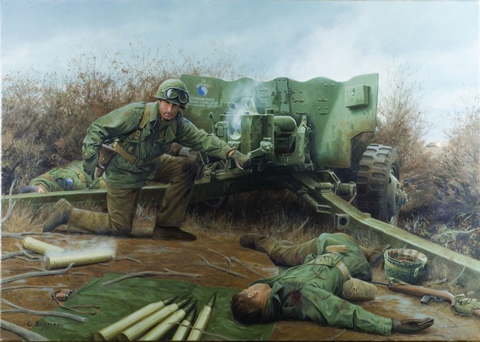 Soldiers operating a cannon with fallen comrades