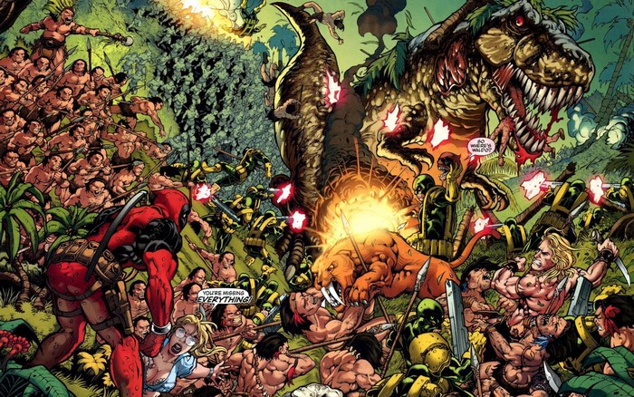 Deadpool and allies fight dinosaurs and jungle warriors